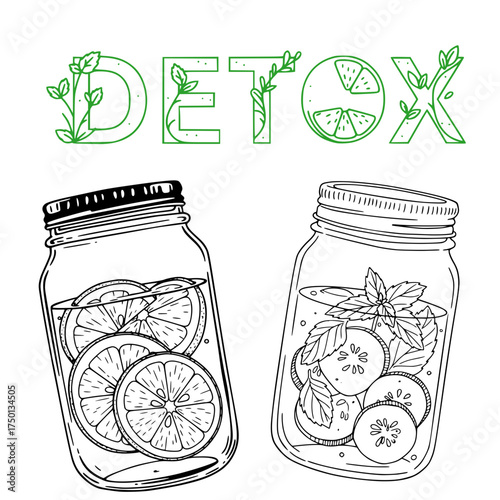 Detox water jars with lemon and cucumber - vector set in monochrome style  