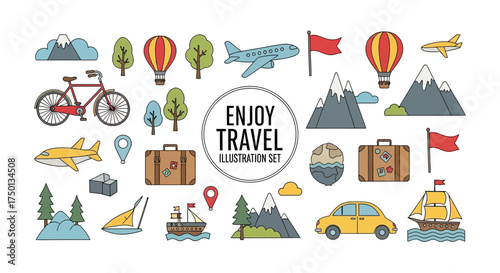 A Vibrant Collection of Illustrated Travel Icons Featuring Transportation and Landscapes for Your Next Adventure