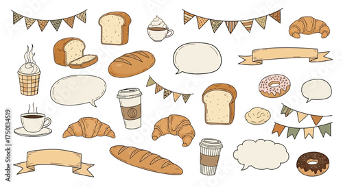 Charming Bakery and Coffee Shop Hand Drawn Illustrations Featuring Baked Goods and Decorative Elements
