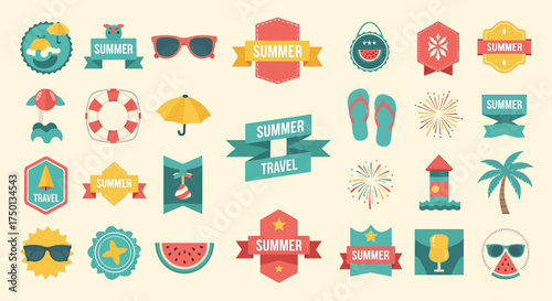 A Collection of Fun Summer Icons and Decorations Featuring Beach and Outdoor Activities for a Festive Atmosphere