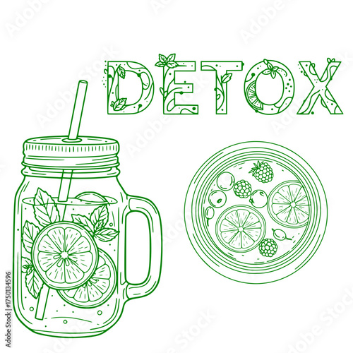 The text "DETOX" and detox drink in a glass jar with fresh fruits and herbs. Mini-set of vector illustrations
