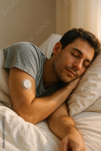 A man peacefully sleeping while a wearable biosensor glucose patch monitors his health.