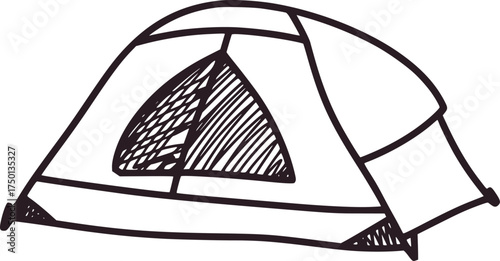 Black and white line drawing of a camping tent shelter outdoor