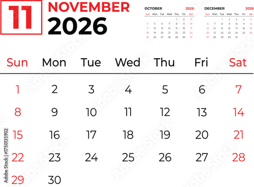 November 2026 Three-Month Planner with Minimal Red and Black Design
