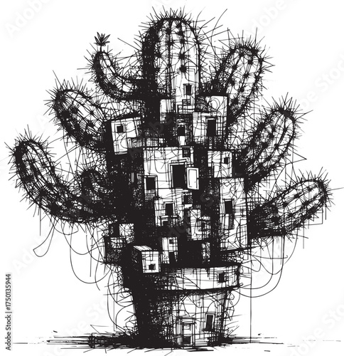 Abstract cactus city: whimsical ink drawing of miniature rooms in a plant