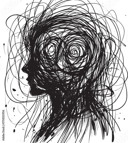 Doodle mindscape silhouette representing mental chaos and emotional turbulence
