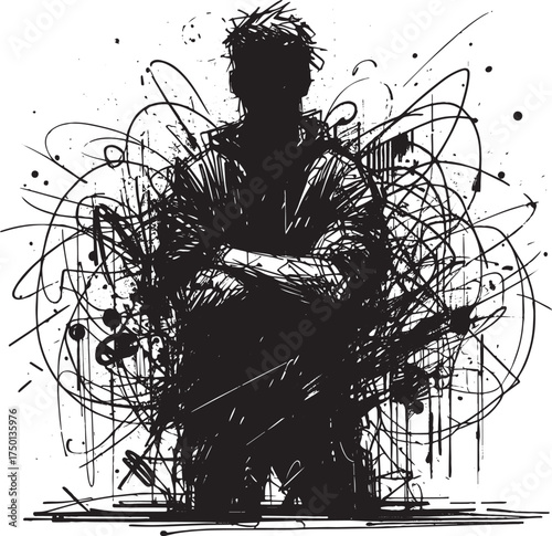 Abstract figure with crossed arms in a flurry of ink lines on white paper