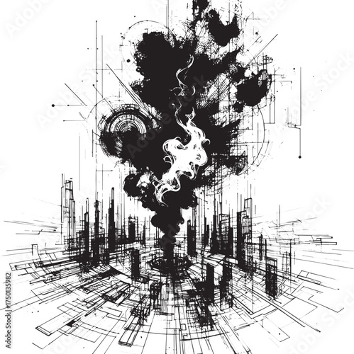 Abstract blueprint cityscape dissolving into inky smoke, chaotic lines
