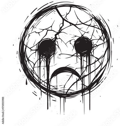 Abstract Cracked Crying Emoji with Leaking Tears in Black and White Style
