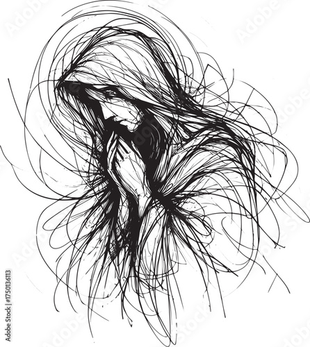 Monochrome Abstract Sketch of a Pensive Figure with Flowing Lines