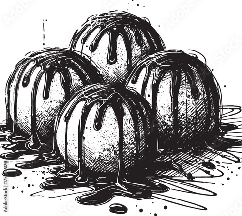 Expressive ink drawing of dessert balls with drizzle on plain white background