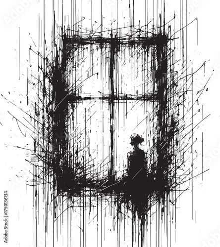 Ink Sketch of a Woman Gazing Through a Window on a Rainy Day Scene