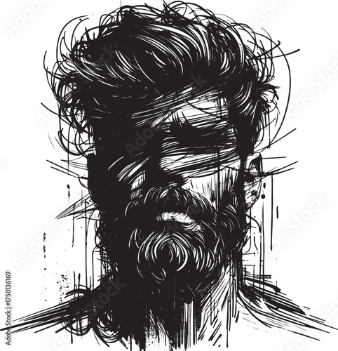 Monochrome man portrait artwork with expressive brushstrokes and chaotic lines