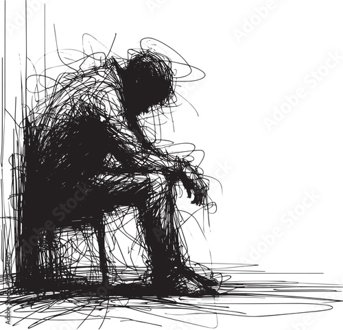 Ink sketch illustration depicting a despondent figure resting against a wall