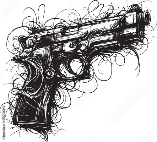 Expressive monochrome drawing of a firearm with chaotic swirls and lines