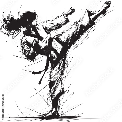 Dynamic ink sketch capturing a martial arts artist executing a powerful kick