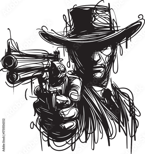 Expressive ink drawing of a gunslinger with hat holding a revolver