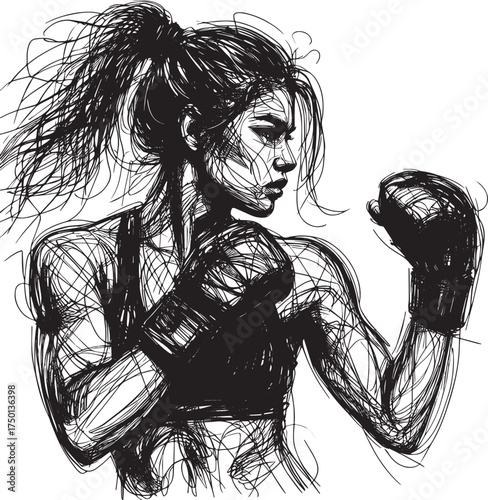 Striking Silhouette: Abstract Line Art of a Female Martial Artist in Action