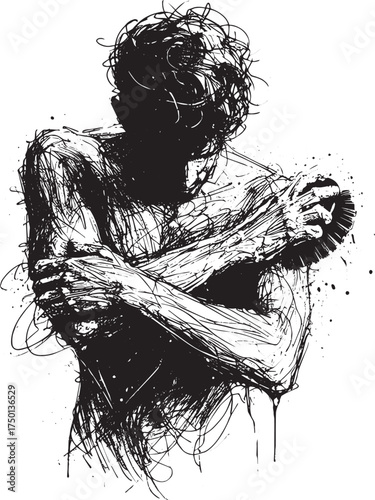 Abstract Line Art Depicting a Person Brushing Arms with Exfoliating Tool