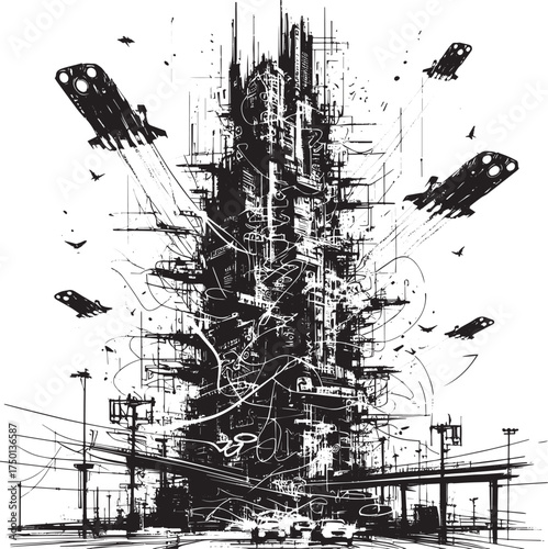 Monochrome dystopian cityscape with flying vehicles and chaotic infrastructure