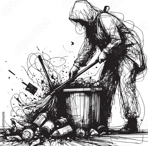 Expressive ink drawing portraying a hooded figure cleaning public litter