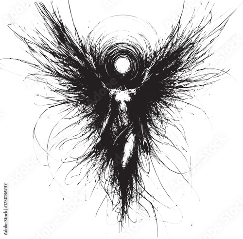 Monochromatic Angelic Figure Depicted in an Abstract Expressive Ink Drawing