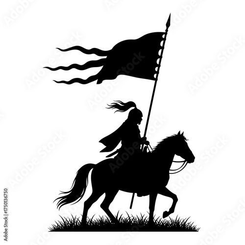 Silhouette of a warrior on horseback holding a flowing banner.