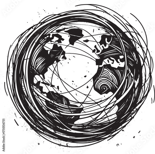 Abstract World Globe Sketch with Chaotic Lines and White Background