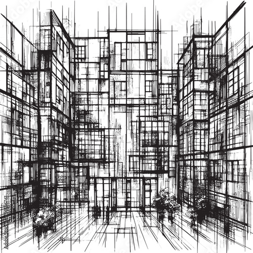 Abstract Linear Perspective: Architectural Cityscape with Textured Details