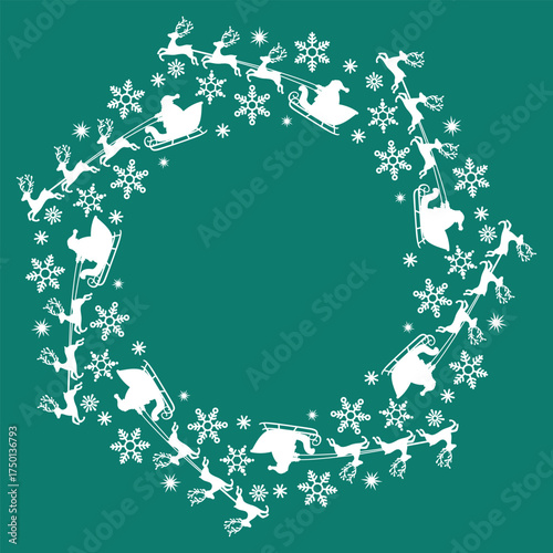 Christmas frame with silhouettes of sleigh, reindeer and Santa, snowflakes. White colors objects on blue background. Round shape border with copy space. Festive design for winter holidays.
