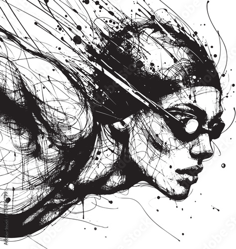 Abstract ink drawing of a swimmer diving with focus face and messy sketch lines