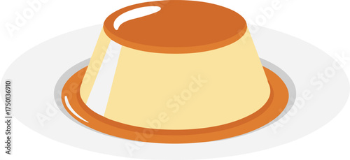 Custard pudding or flan with caramel sauce on a plate, simple flat dessert vector illustration

