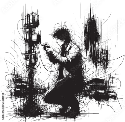 Abstract sketch of air quality technician installing urban pollution sensors