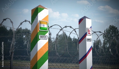 Foto Border posts with flags of India and Nepal - 3d illustration