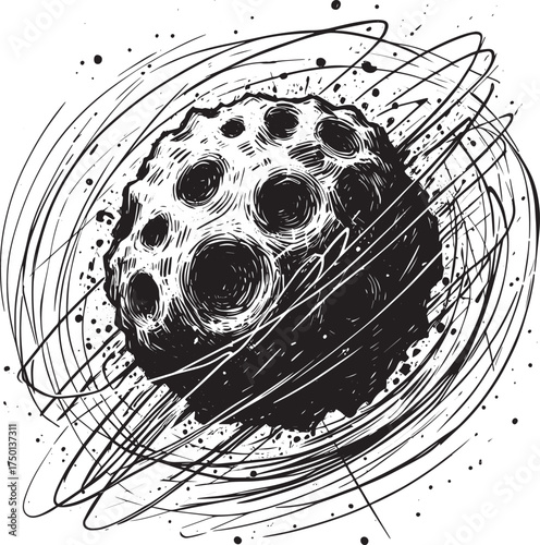 Monochrome abstract ink drawing of a celestial body with orbital lines