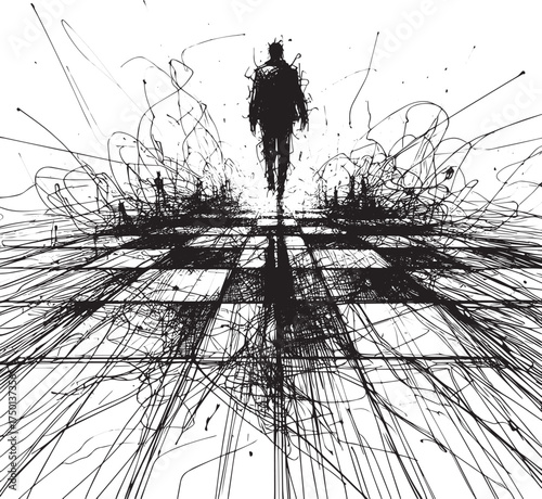Abstract monochrome illustration of a figure walking on chaotic plane