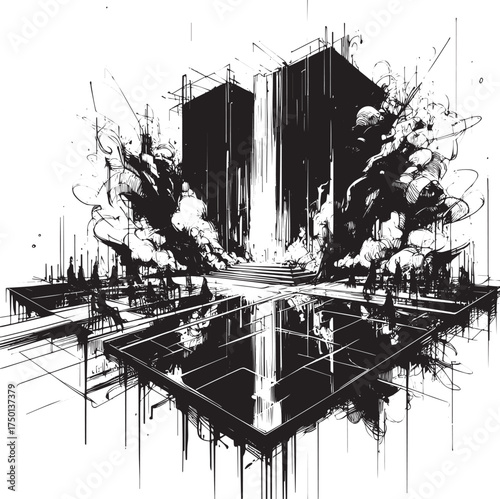 Abstract monochrome ink rendering of theatrical stage with reflective surface