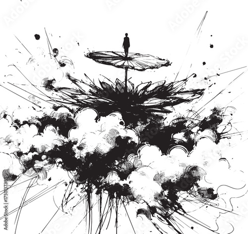 Ink drawing of a solitary figure on a lily pad amidst clouds, artistic style