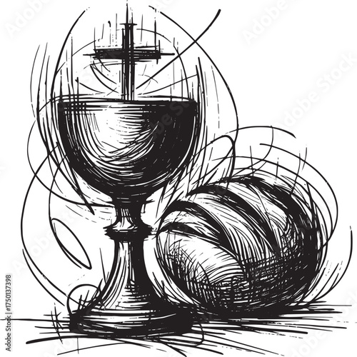 Abstract monochrome representation of communion chalice and bread concept