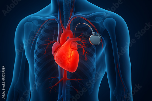 3d medical illustration showing human heart anatomy with pacemaker implant highlighting cardiovascular health care