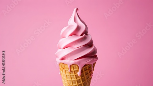 Delicious pink soft serve ice cream cone on a vibrant pink background sweetness and fun