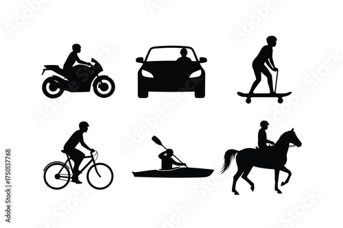 Diverse silhouette set of transportation and recreational activities icons for design projects