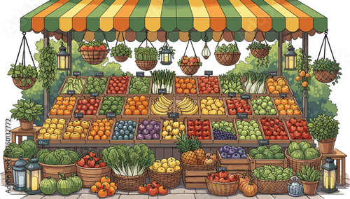 Colorful outdoor fruit and vegetable market stall, striped canopy, fresh produce display, apples, oranges, bananas, grapes, tomatoes, carrots, lettuce, cabbage