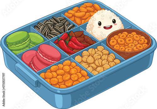 Cute cartoon lunchbox with rice ball, macarons, nuts, seeds, chili peppers, snacks, colorful bento food illustration, kawaii meal art