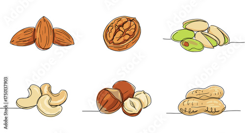 Assorted nuts including almonds, cashews, and pistachios on white background  