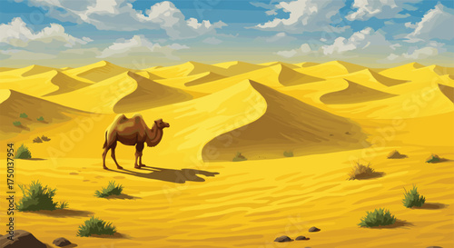 Lone camel on golden sand dunes under blue sky, windswept desert panorama, sunlit horizon, sparse vegetation, serene vastness, and solitude
