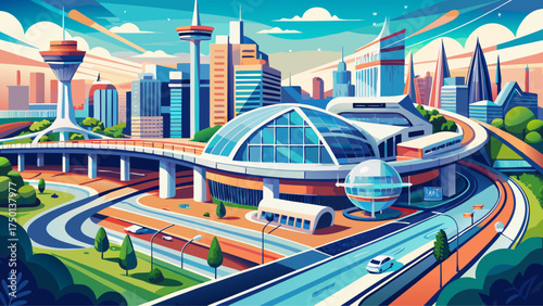 Very beautiful northern Virginia transportation hub with contemporary buildings and looping highways, vector-style urban infrastructure illustration.
