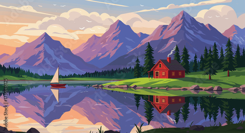 Red cabin by reflective lake with sailboat, pastel sunrise over purple-blue mountains, evergreen forest, mirror-like reflections, tranquil golden peaceful solitude