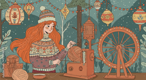 Red haired spinner at spinning wheel in snowy forest, festive lanterns, yarn balls, cozy winter craft scene of textile art