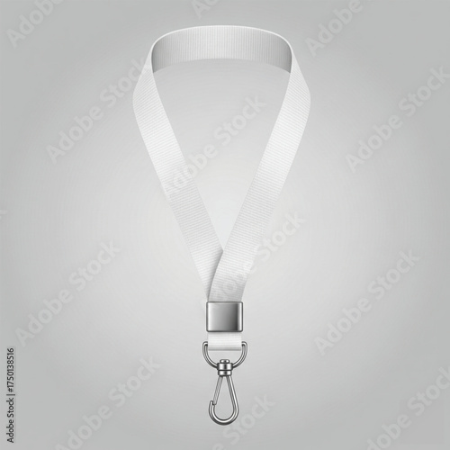 Blank White Lanyard with a Metal Clasp and Hook for ID or Name Badge Mockup, Isolated on Gray